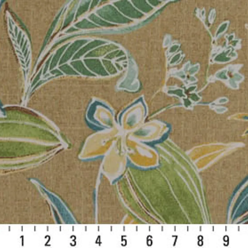 Aqua Green and Beige Large Tropical Flower Print Upholstery Fabric — Scale in inches