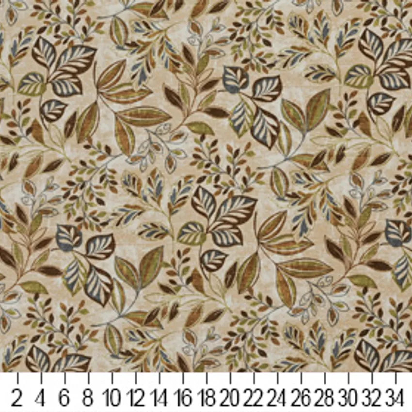 Willow Beige and Brown Large Decorative Floral Print Indoor Outdoor Denim Upholstery Fabric — Scale in inches