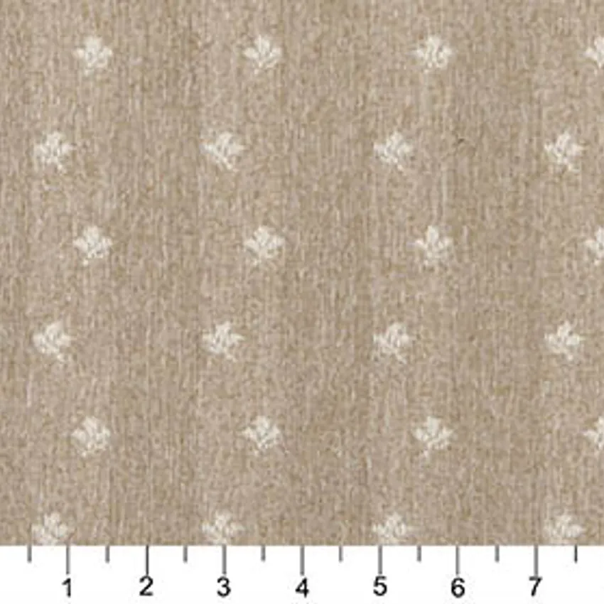 Sand Beige and White Small Posey Flower Country Pattern Tweed Upholstery Fabric — Scale in inches