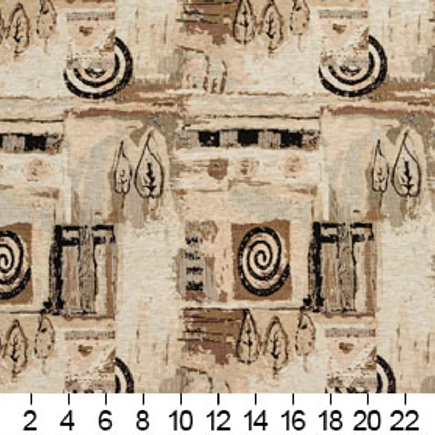 Beige and Black Country Side Painting Chenille Upholstery Fabric — Scale in inches