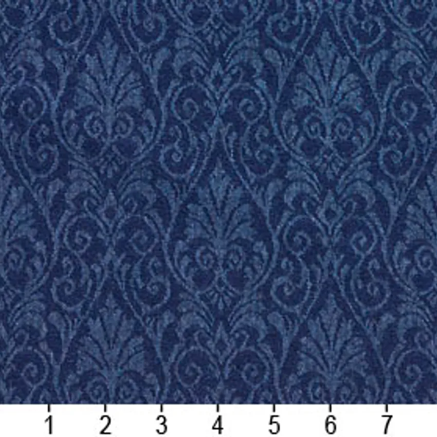 Sapphire Blue Small Floral Heirloom Damask Upholstery Fabric — Scale in inches