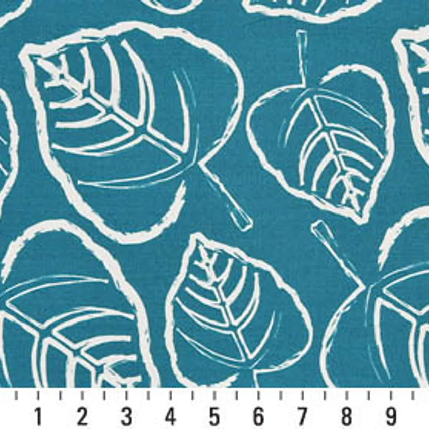 Lagoon Leaf Aqua Contemporary Outdoor Upholstery Fabric by the Yard — Scale in inches