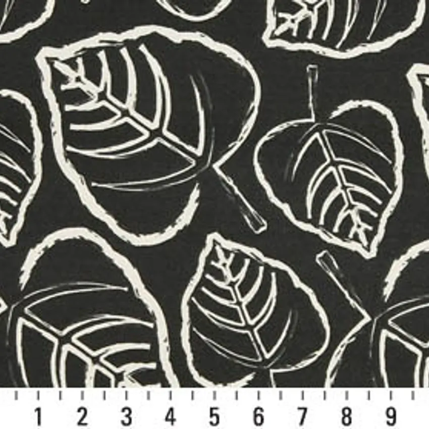 Onyx Leaf Black Contemporary Outdoor Upholstery Fabric by the Yard — Scale in inches