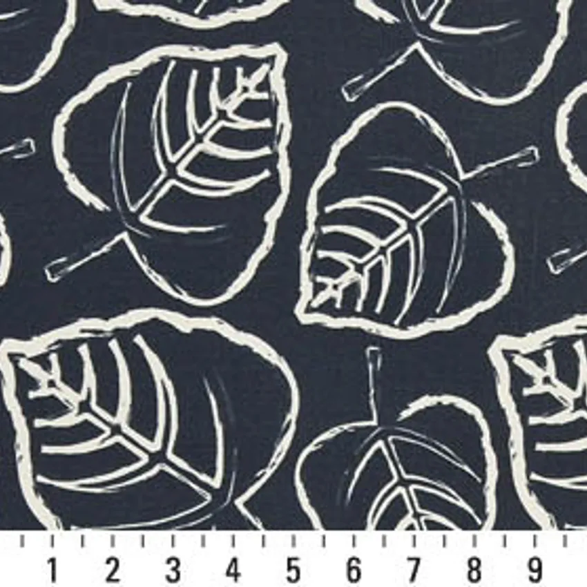Indigo Leaf Dark Blue Contemporary Outdoor Upholstery Fabric by the Yard — Scale in inches