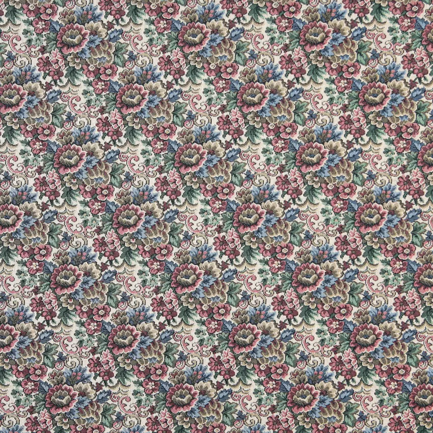 Agatha Beige and Light Blue Floral Tapestry Upholstery Fabric by the