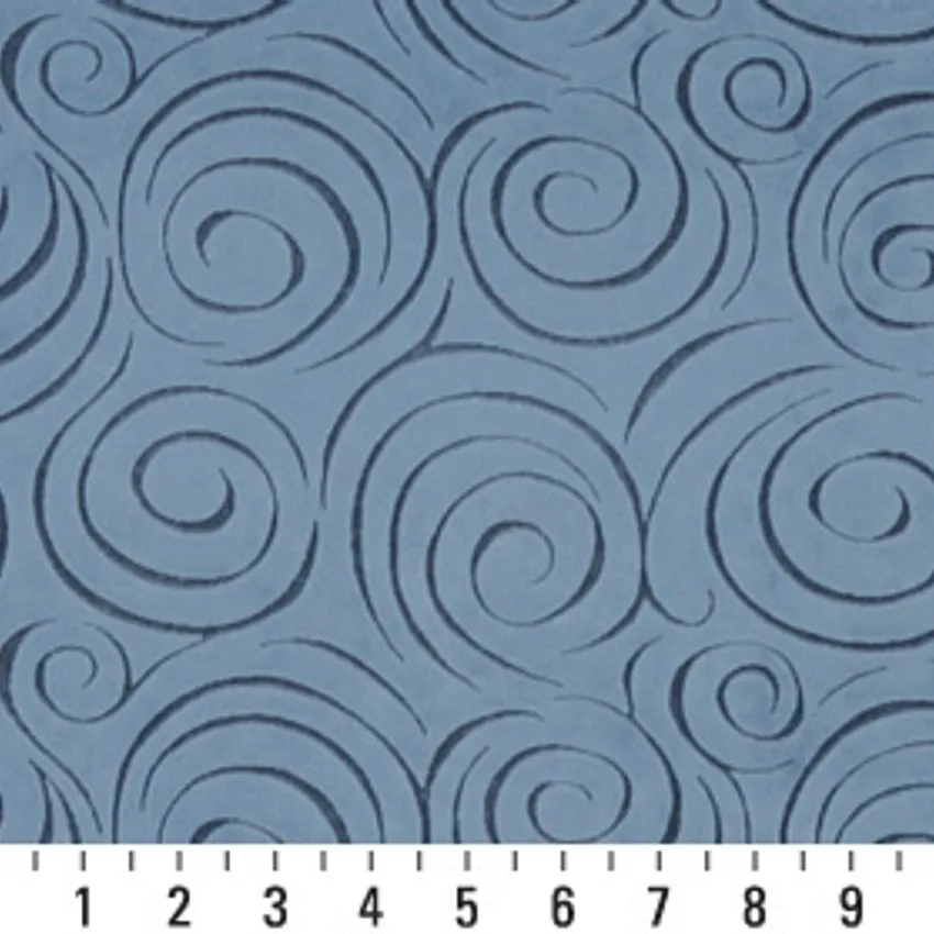 Wedgewood Blue Decorative Swirl Microfiber Velvet Upholstery Fabric — Scale in inches