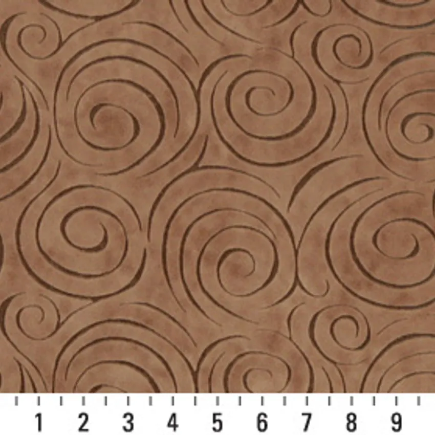 Caramel Brown Decorative Swirl Microfiber Velvet Upholstery Fabric — Scale in inches