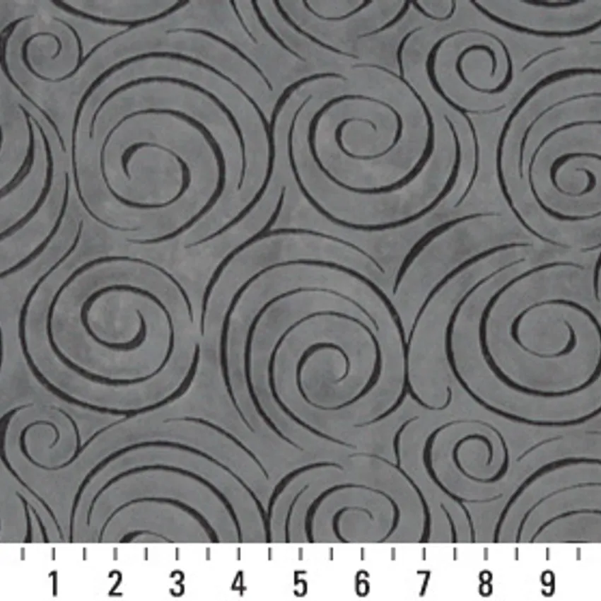 Graphite Grey Decorative Swirl Microfiber Velvet Upholstery Fabric — Scale in inches