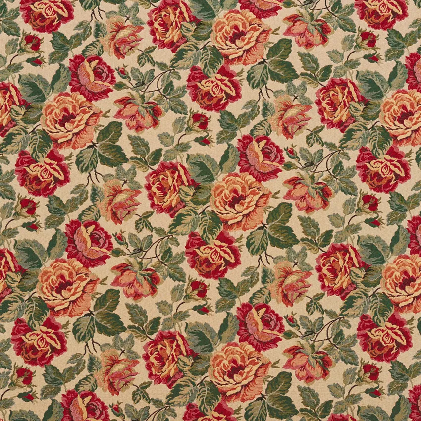 Beige and Burgundy and Green Floral Tapestry Jacobean Upholstery Fabric