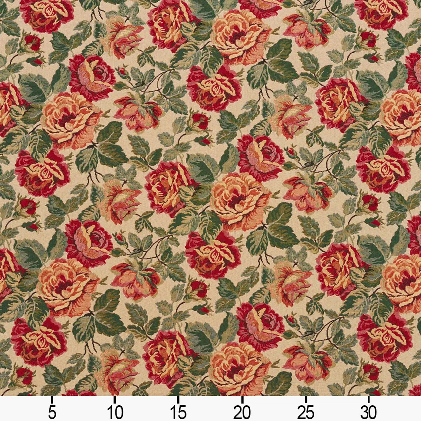 Beige and Burgundy and Green Floral Tapestry Jacobean Upholstery Fabric — Scale in inches