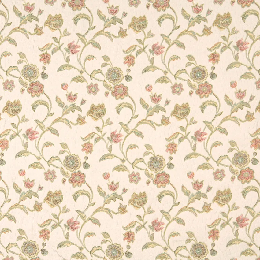 Spring Coral and Gold Floral Brocade Upholstery Fabric by the Yard