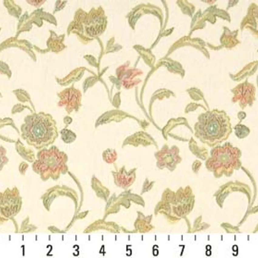 Spring Coral and Gold Floral Brocade Upholstery Fabric by the Yard — Scale in inches