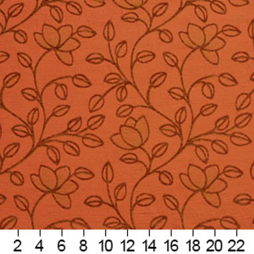 Coral Brown and Bronze  Floral Vine Blossom Damask Upholstery Fabric — Scale in inches