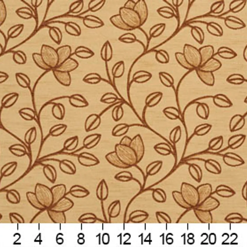 Beige and Brown Tan Floral Vine Blossom  Damask Upholstery Fabric — Scale in inches