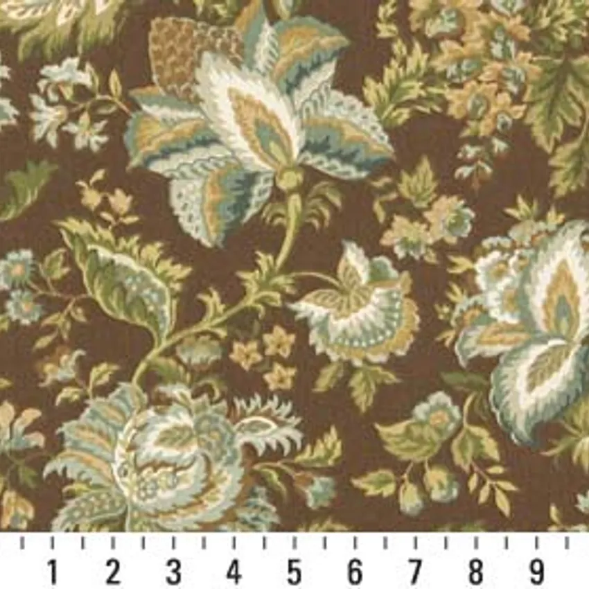 Mocha Light Blue and Brown Floral Marine Upholstery Fabric by the Yard — Scale in inches