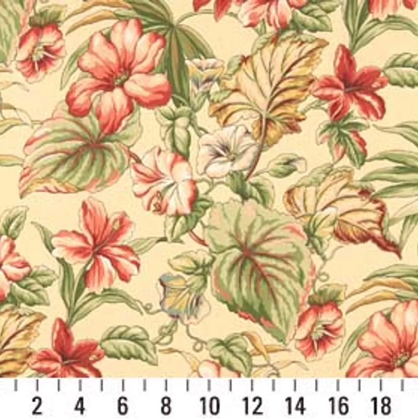Tropic Coral and Gold Floral Marine Upholstery Fabric by the Yard — Scale in inches