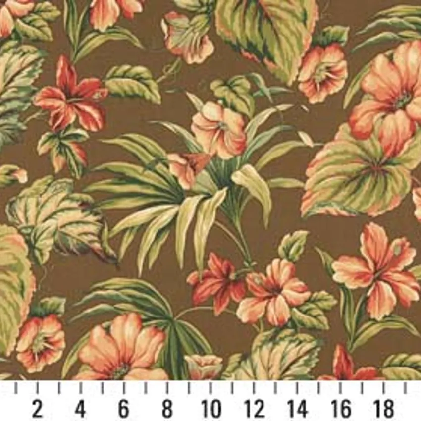 Sumatra Brown and Coral Floral Marine Upholstery Fabric by the Yard — Scale in inches