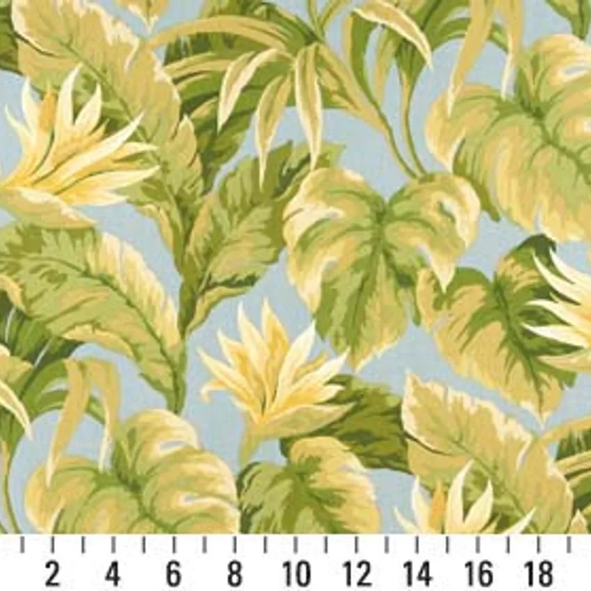 Sanibel Beige and Light Blue Foliage Marine Upholstery Fabric by the Yard — Scale in inches