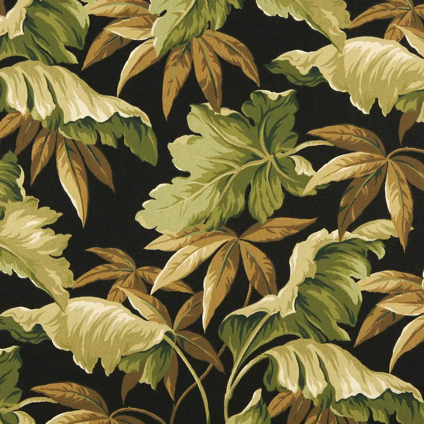 Tahiti Beige and Black Foliage Marine Upholstery Fabric by the Yard