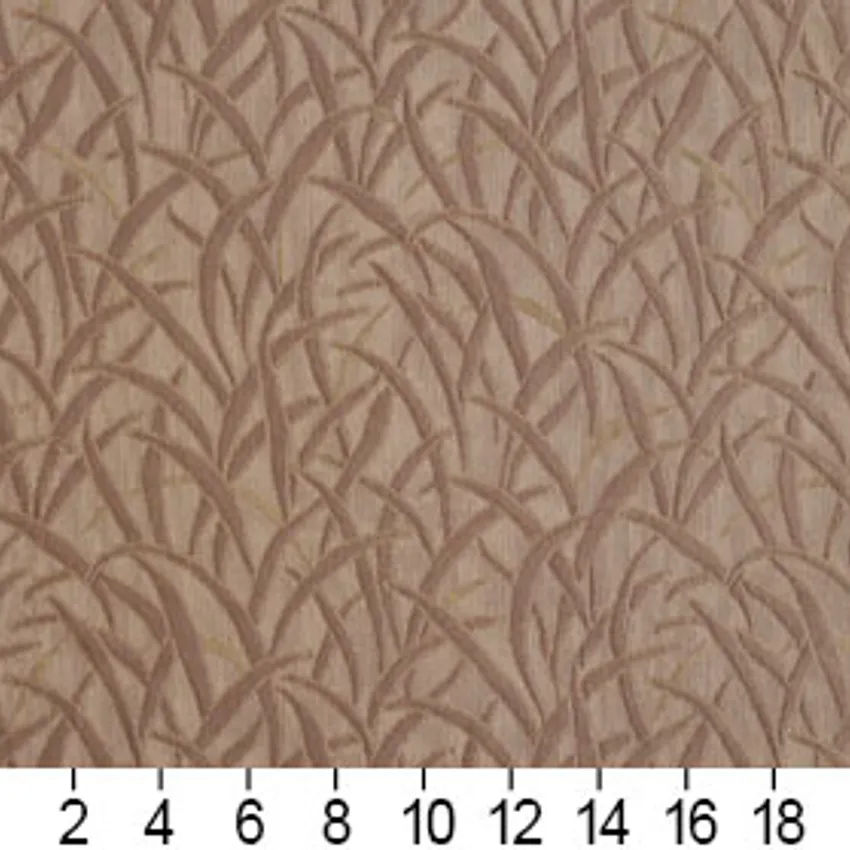 Sand Beige and Brown Meadow Raised Leaf Blade Brocade Upholstery Fabric — Scale in inches
