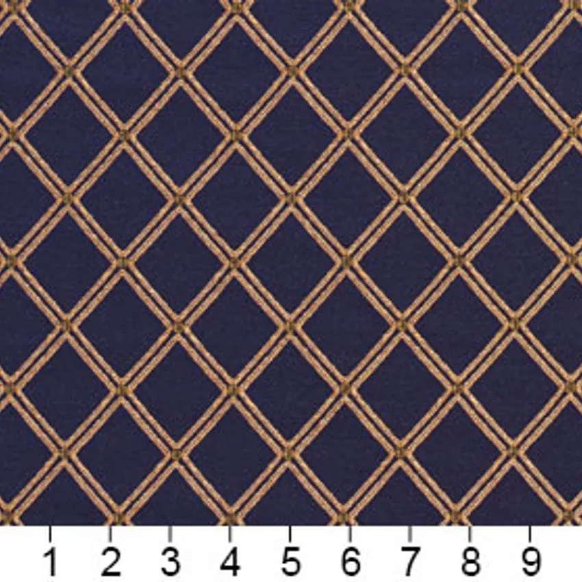 Topaz Blue and Gold Classic Decorative Diamond Mesh Damask Upholstery Fabric — Scale in inches