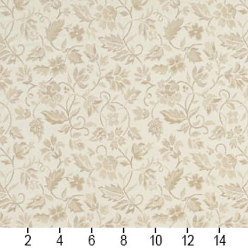 Ivory White Small Floral Leaf Damask Upholstery Fabric — Scale in inches