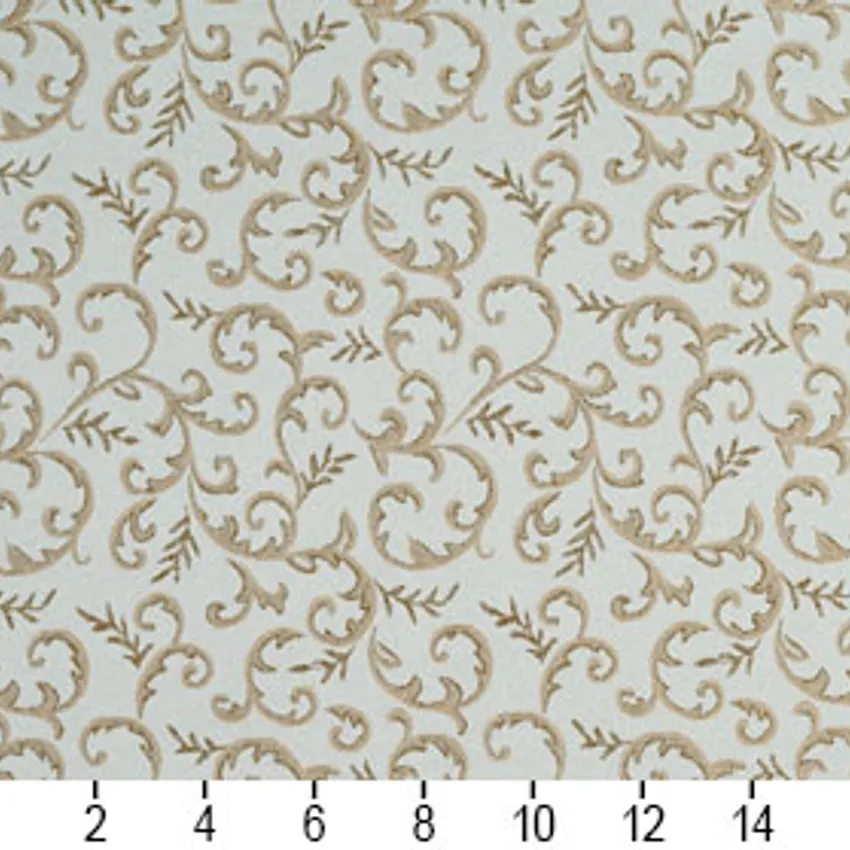 Mist Gold and Blue Abstract Floral Vine Damask Upholstery Fabric — Scale in inches