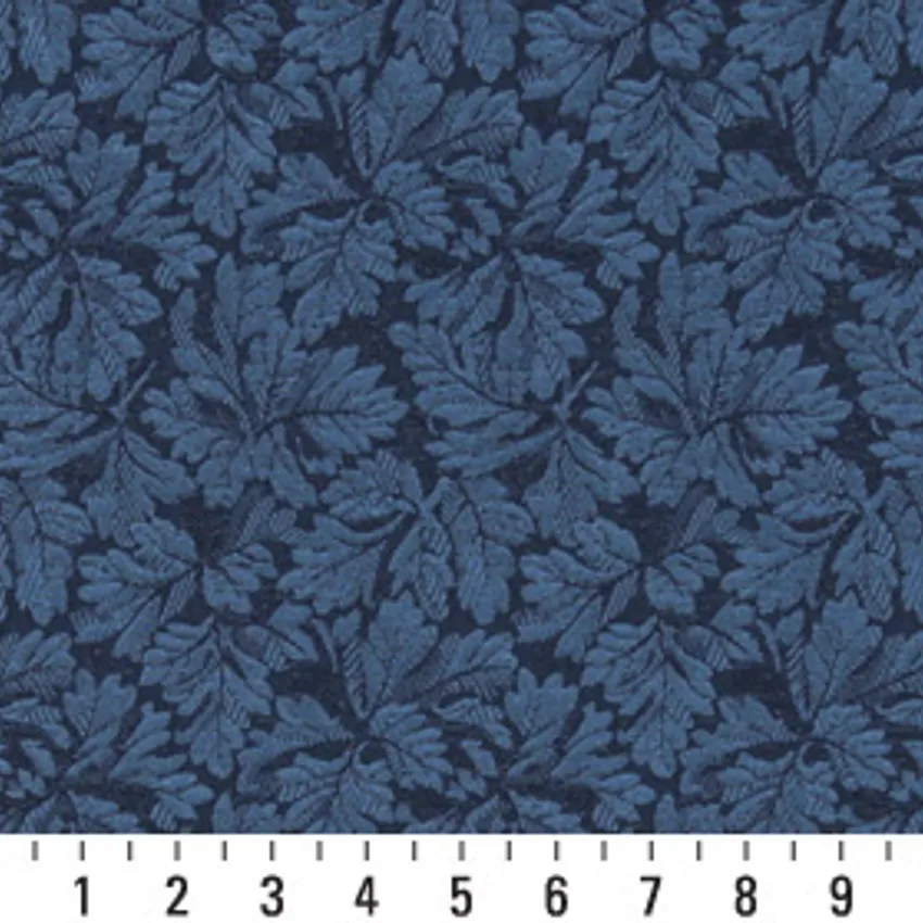 Navy Dark Blue Foliage Damask Upholstery Fabric by the Yard — Scale in inches