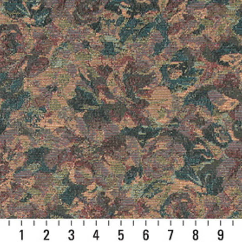 Rembrandt Aqua and Coral Contemporary Damask Upholstery Fabric by the Yard — Scale in inches