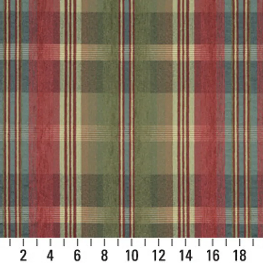 Light Blue and Light Green  and Red Plaid Chenille Upholstery Fabric — Scale in inches