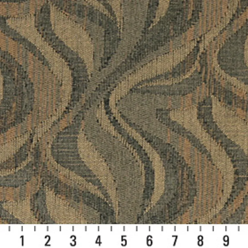Caramel Beige and Black Abstract Chenille Woven Abstract Flame Upholstery Fabric — Scale in inches