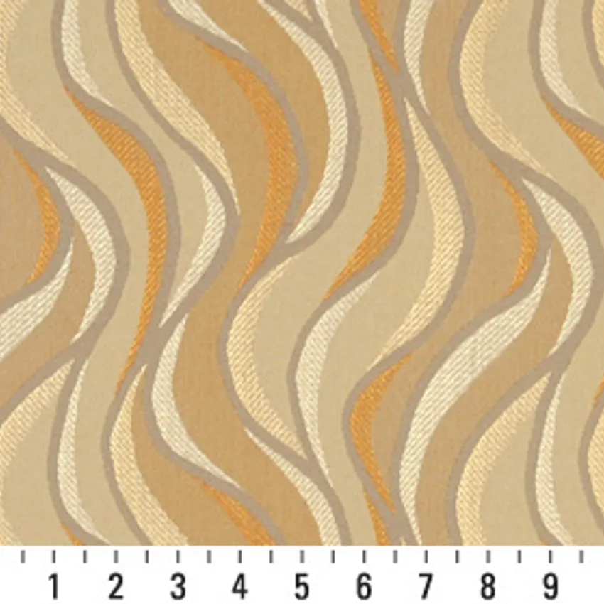 Golden Beige and Coral Damask Woven Abstract Flame Upholstery Fabric — Scale in inches
