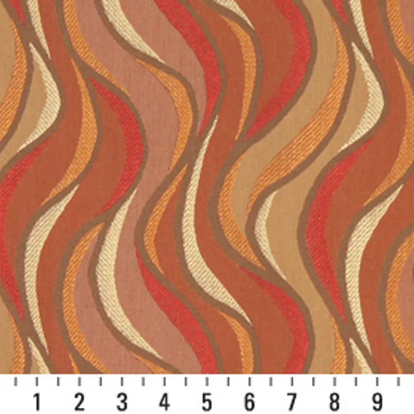 Red Beige and Coral Damask Woven Abstract Flame Upholstery Fabric — Scale in inches