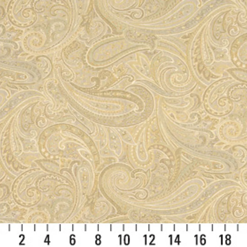 Soft Beige and Gold Abstract Paisley Damask Upholstery Fabric — Scale in inches