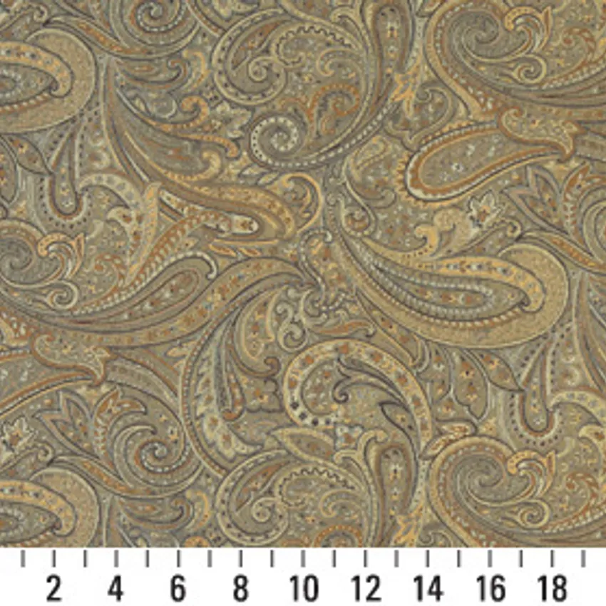 Jade Beige and Brown Abstract Paisley Damask Upholstery Fabric — Scale in inches