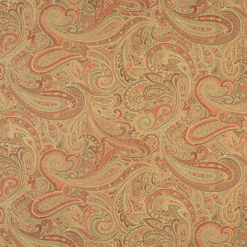 Orange Beige and Brown Abstract Paisley Damask Upholstery Fabric
