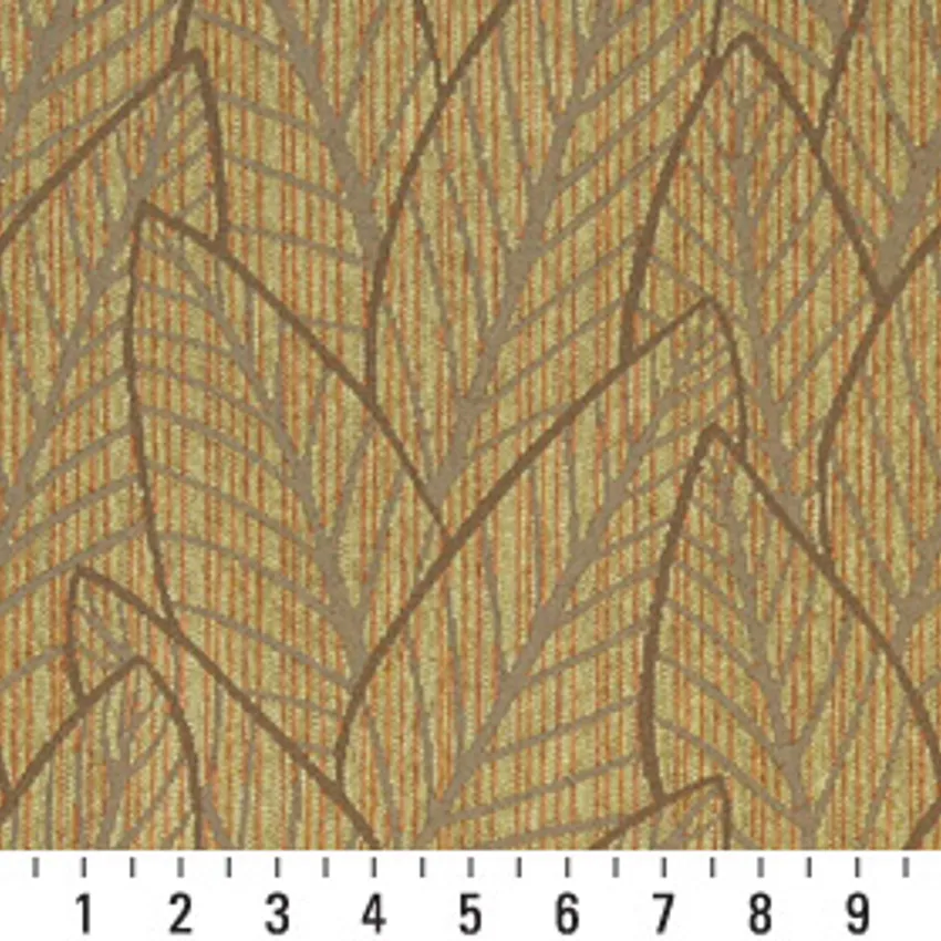Caramel Brown and Light Green Beige Foliage Outline Chenille Upholstery Fabric — Scale in inches