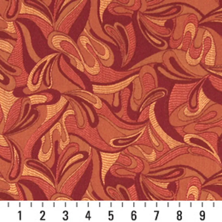 Grenadine Burgundy and Coral Contemporary Damask Upholstery Fabric by the Yard — Scale in inches