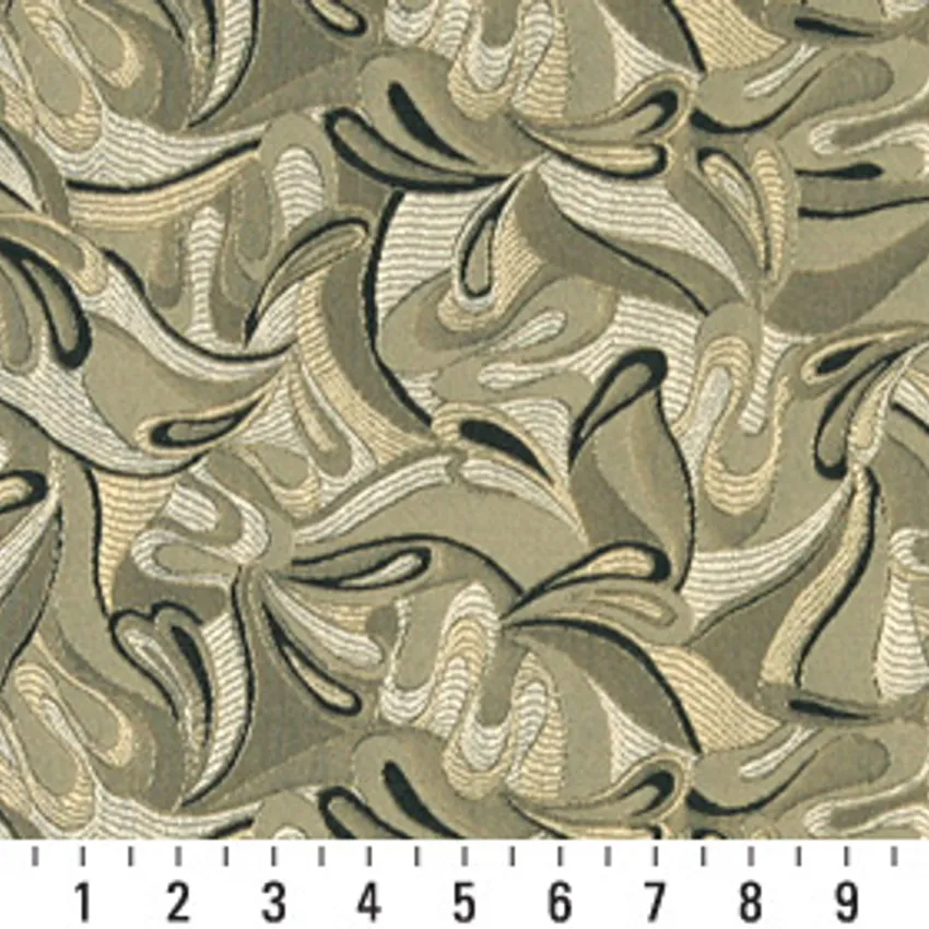 Gold Beige and Black Abstract Waves Damask Upholstery Fabric — Scale in inches
