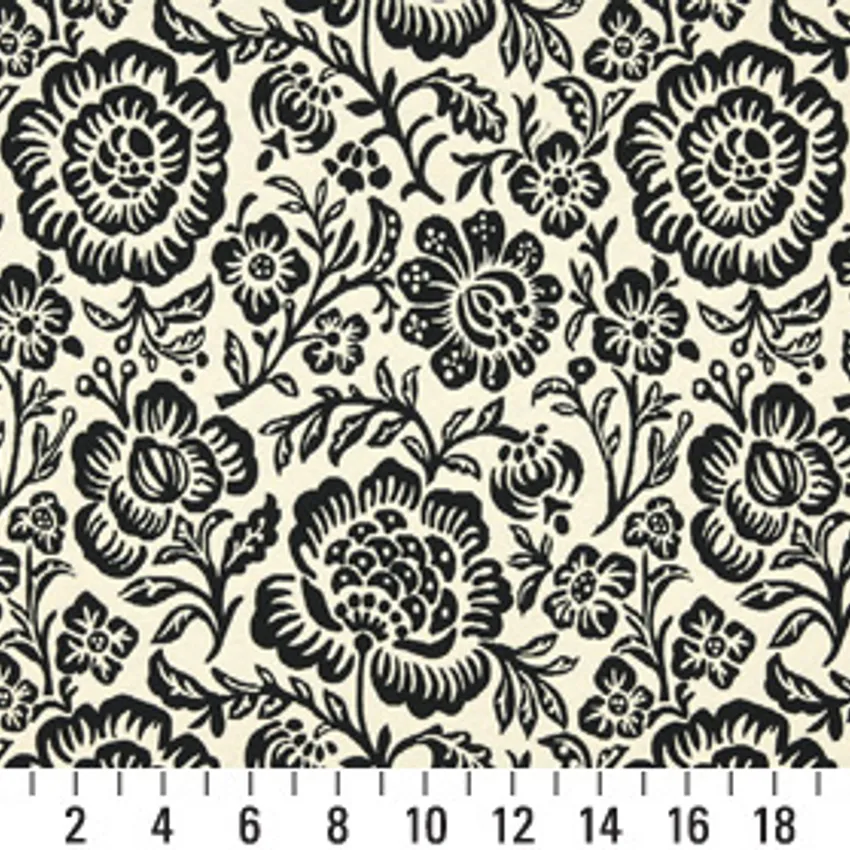 Onyx Black and White Large Artistic Flowers Brocade Upholstery Fabric — Scale in inches