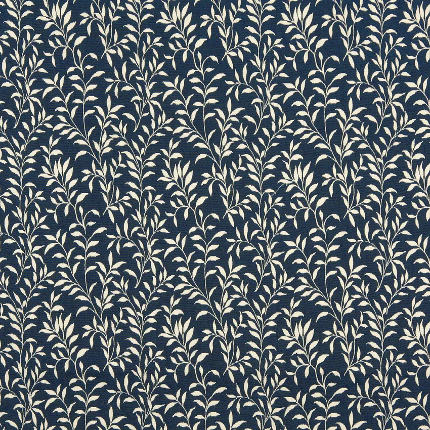 Dark Blue and White Foliage Brocade Upholstery Fabric by the Yard