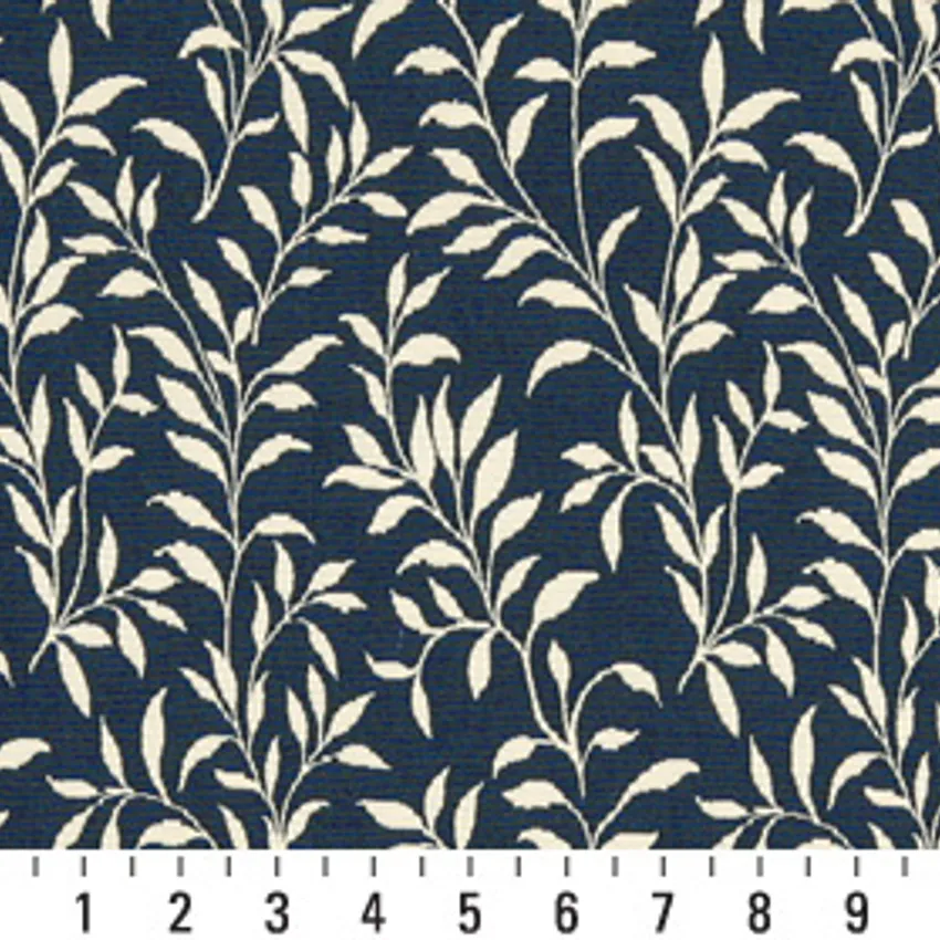 Dark Blue and White Foliage Brocade Upholstery Fabric by the Yard — Scale in inches