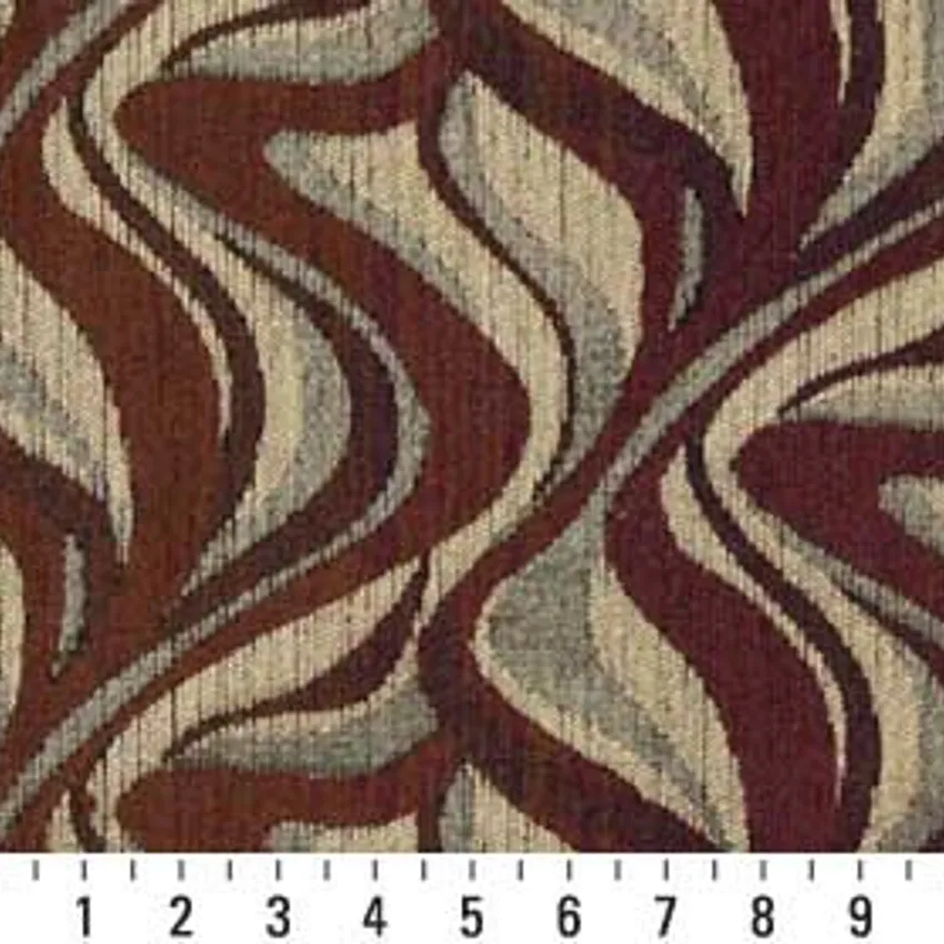 Chocolate Brown and Burgundy Swirl Wave Abstract Chenille Upholstery Fabric — Scale in inches