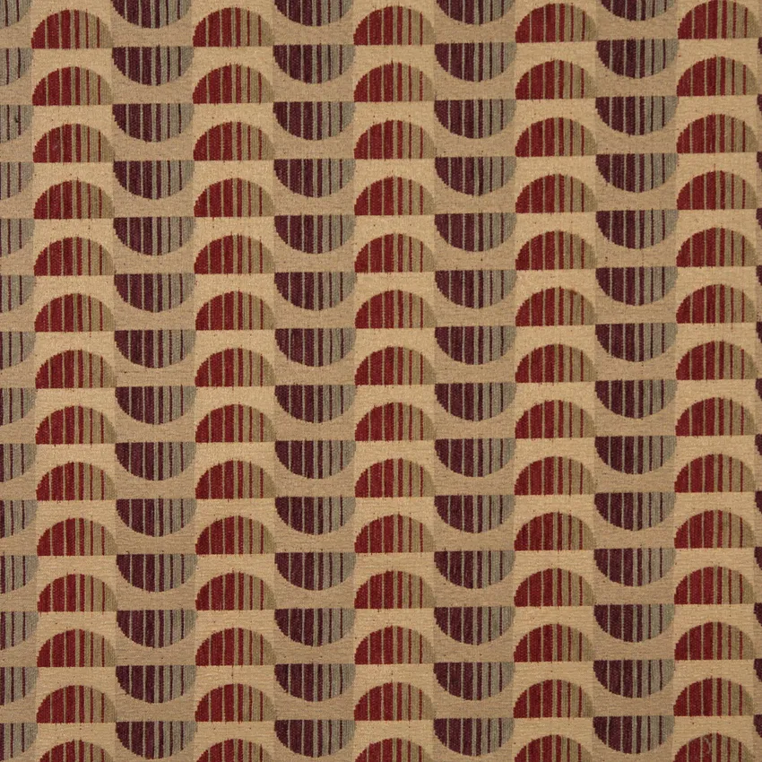 Sangria Beige and Burgundy Half Circle Stripe Abstract Chenille Upholstery Fabric