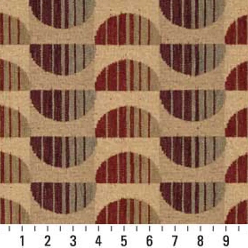 Sangria Beige and Burgundy Half Circle Stripe Abstract Chenille Upholstery Fabric — Scale in inches