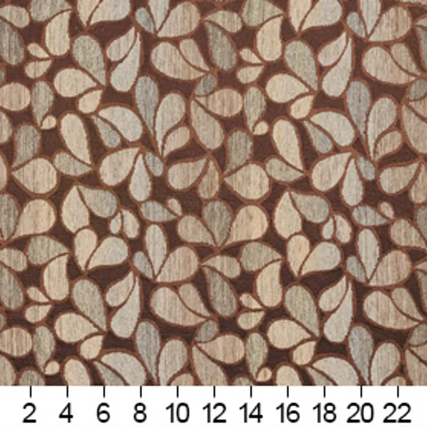 Chocolate Brown and Gray Leaf Silhouette Stripe Abstract Chenille Upholstery Fabric — Scale in inches
