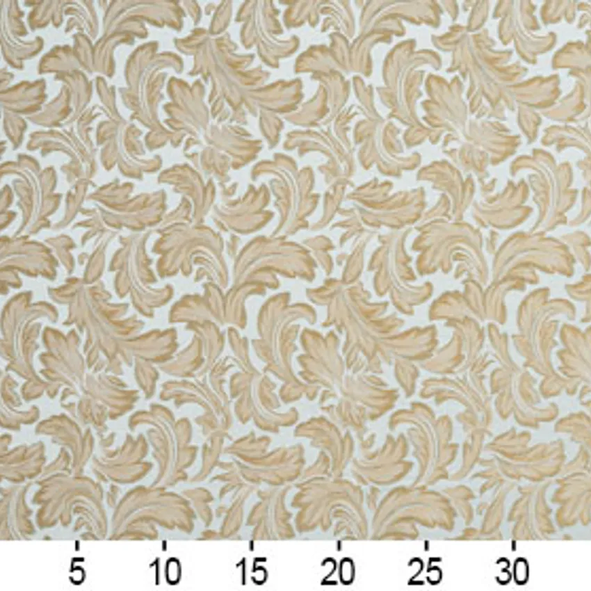 Powder Gold and Light Blue Classic Acanthus Foliage Damask Upholstery Fabric — Scale in inches