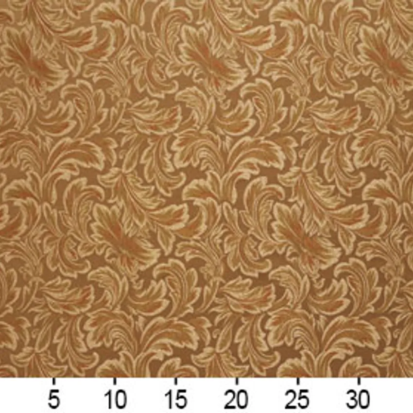 Pecan Beige and Brown Classic Acanthus Foliage Damask Upholstery Fabric — Scale in inches