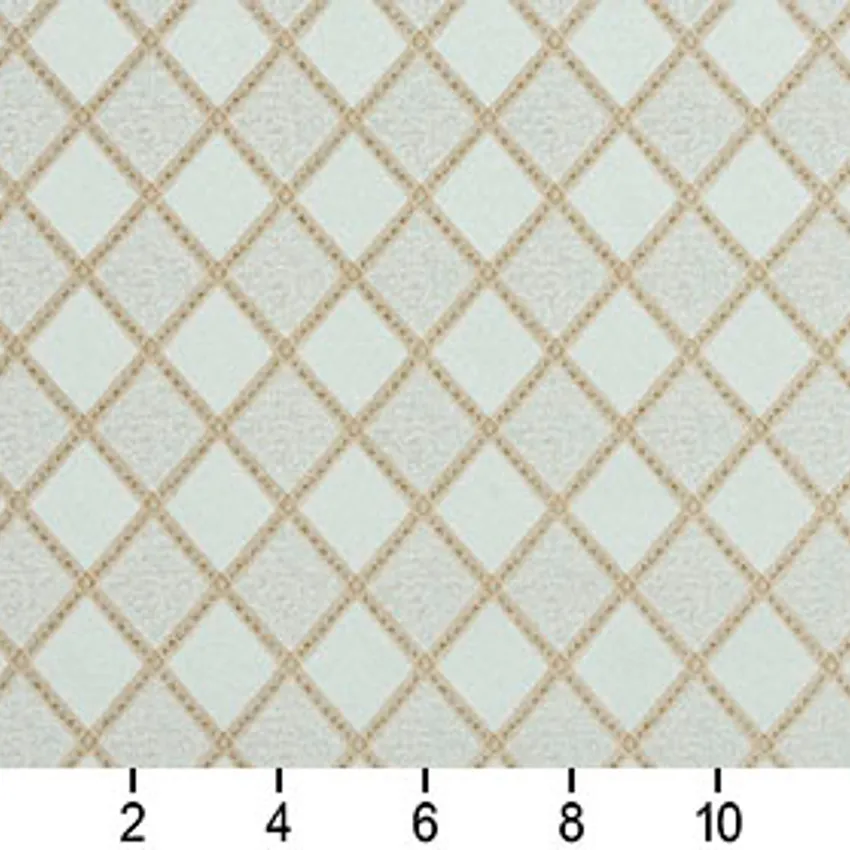 Powder Gold and Light Blue Diamond Geometric Damask Upholstery Fabric — Scale in inches