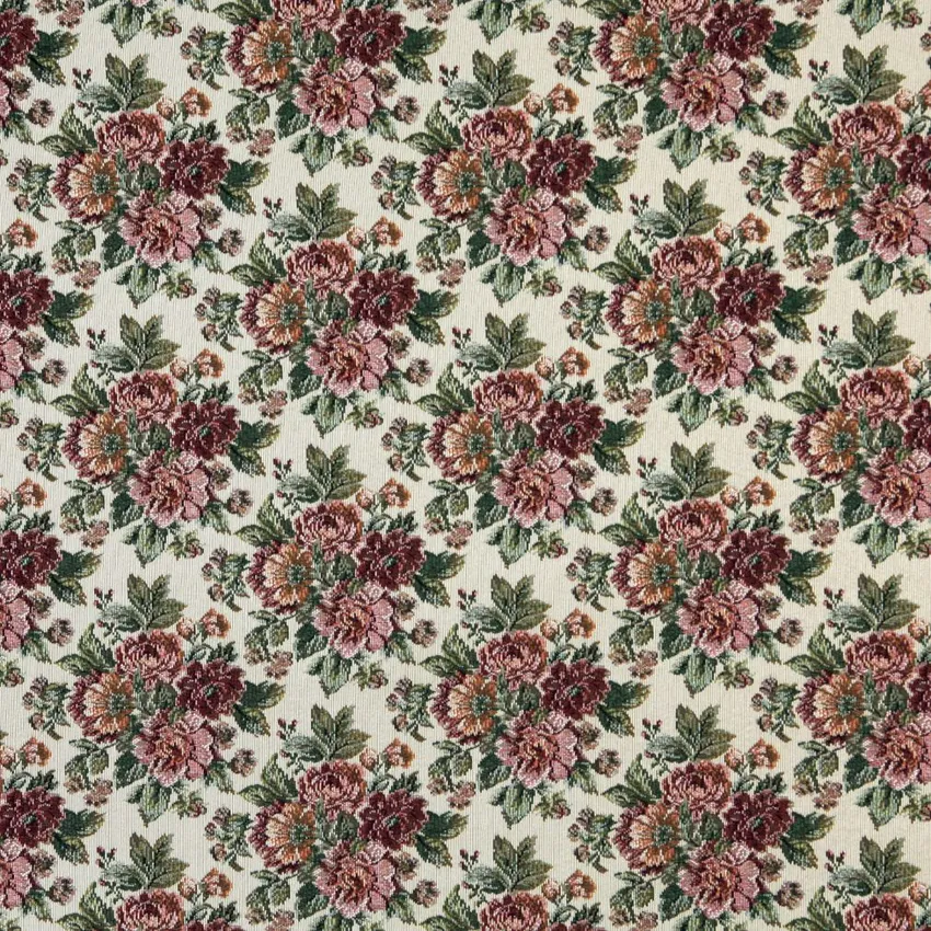 Cream Beige and Magenta Rose Bouquet Floral Tapestry Upholstery Fabric